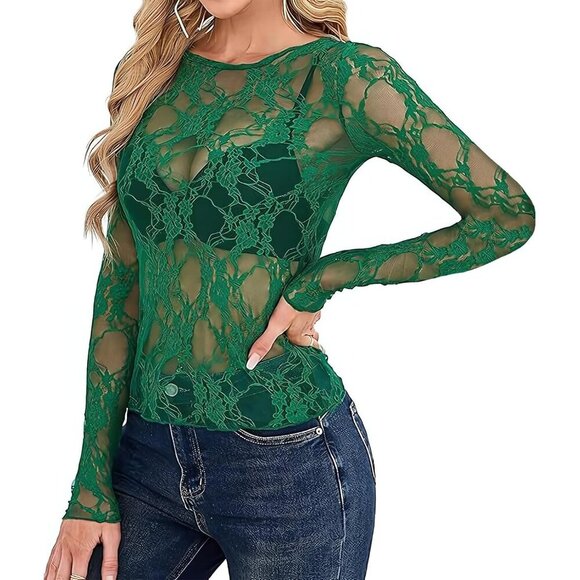 🆕Women Green Polyester Lace Long Sleeve Mesh Sheer Sexy See-Through Y2K Top - Picture 1 of 7